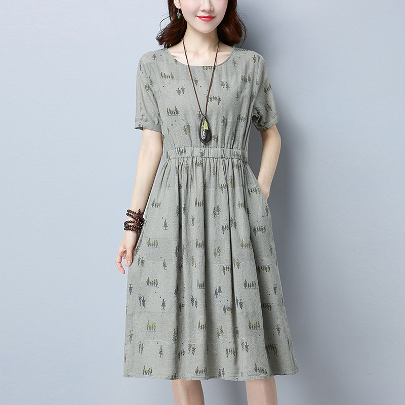 

2021 New Cotton Mode 100% Female Short Sleeve The-neck Print A-line Dress Elegant Pockets at Height of the Knee Dressed ZX0F, Gray.