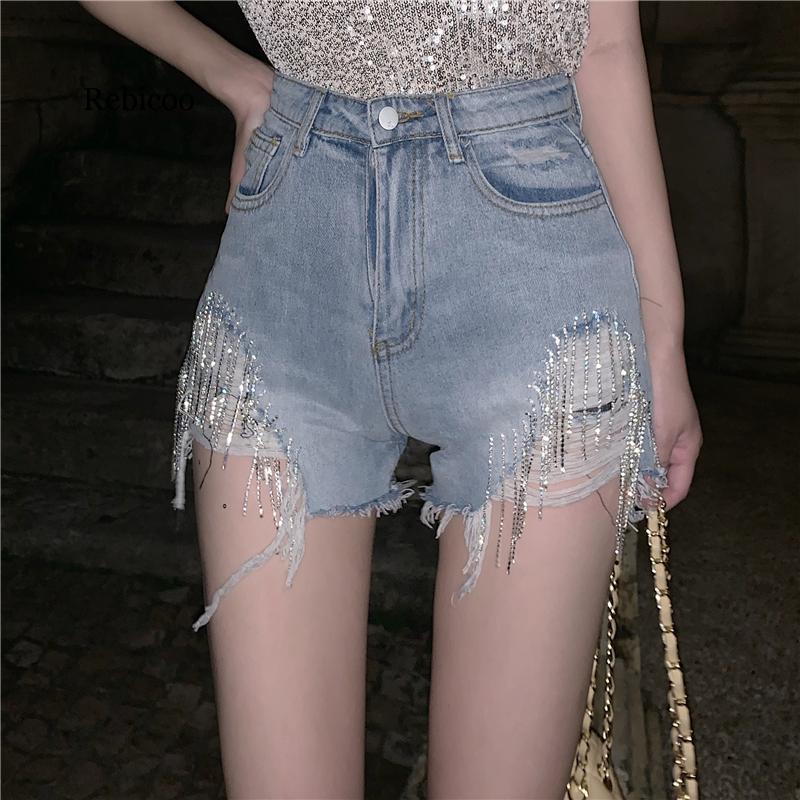 

Women Shorts High Waist Wide-leg Loose Hole Jeans Short 2020 Fashion Korean Style Solid Tassel Diamond Chain Female Denim Shorts, Blue