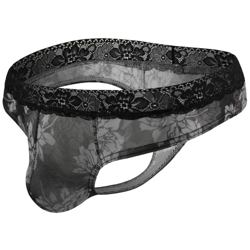 

Mens Sexy Lingerie Panties Floral Lace Jockstraps JJ Pouch T-Back Thong Briefs See-through Mesh Exotic Underwear Underpants, Black