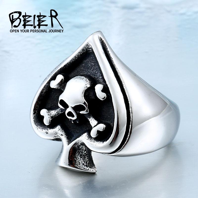 

BEIER Punk Biker style unisex titanium steel Skull spades index finger ring New BR8-189