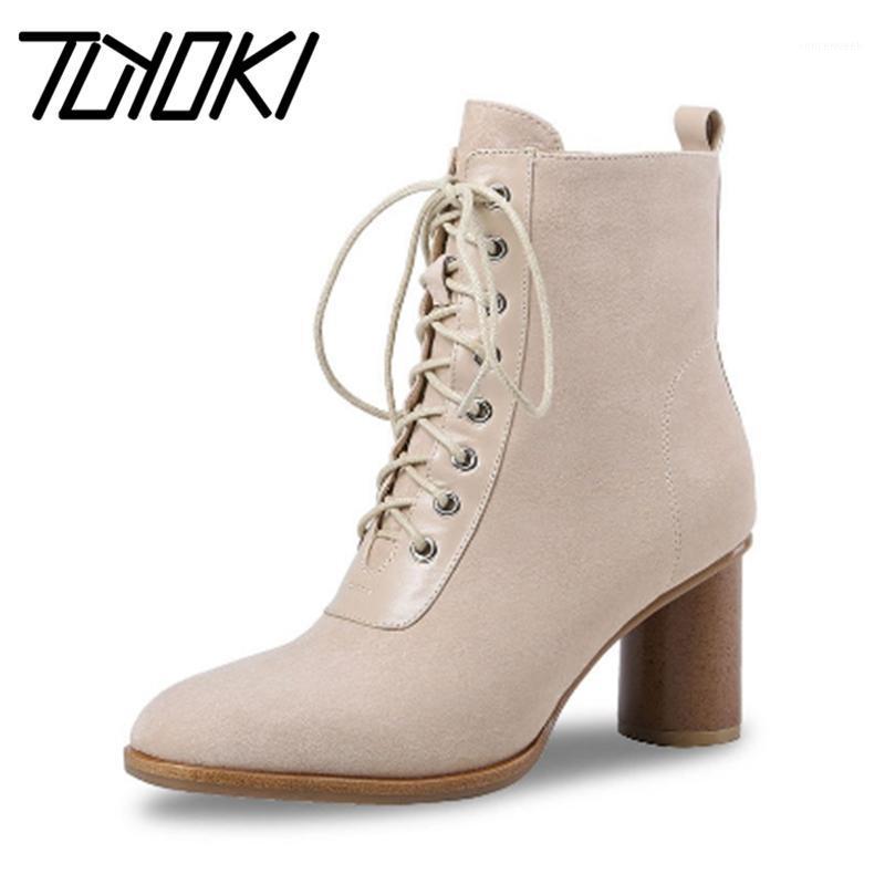 

Tuyoki Real Leather Women Ankle Boots Fashion Solid Color Thick Heel Shoes Women Square Heel Casual Mujer Footwear Size 34-401, Ivory-fur