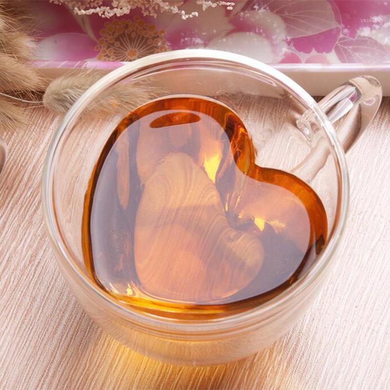 

Heart Love Shaped Glass Mug Milk Juice Cup Drinkware Couple Cups Double Wall Glass Mug Heat Resistant Shot Glasses1, As pic
