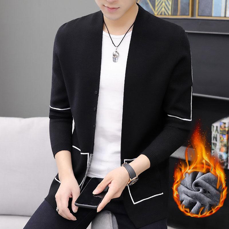

Single Breasted Solid Sweater Men 2020 Winter Knitted Cardaigan Mens Sweatercoat Casual Male Coats Polyester Warm Homme Clothing, Black thick2050