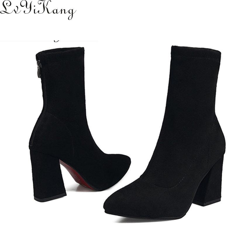 

2020Woman Shoes Sexy Zip Up Square High Heels Party Women Boots Winter Top Quality, Black