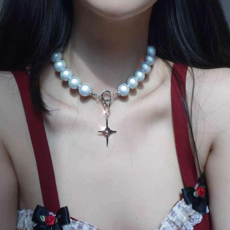 

Super Bright White Pearl Chokers Fluorescence Ball Pearl Chain Cross Starlight Pendant Necklace Women Fashion Jewelry Gift