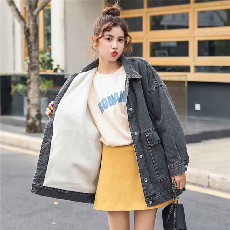 

Plush Thick Denim Jacket Female Autumn and Winter New Style Korean Loose Student Harajuku bf Wind Retro Lamb Wool Cotton Jacket, Blue