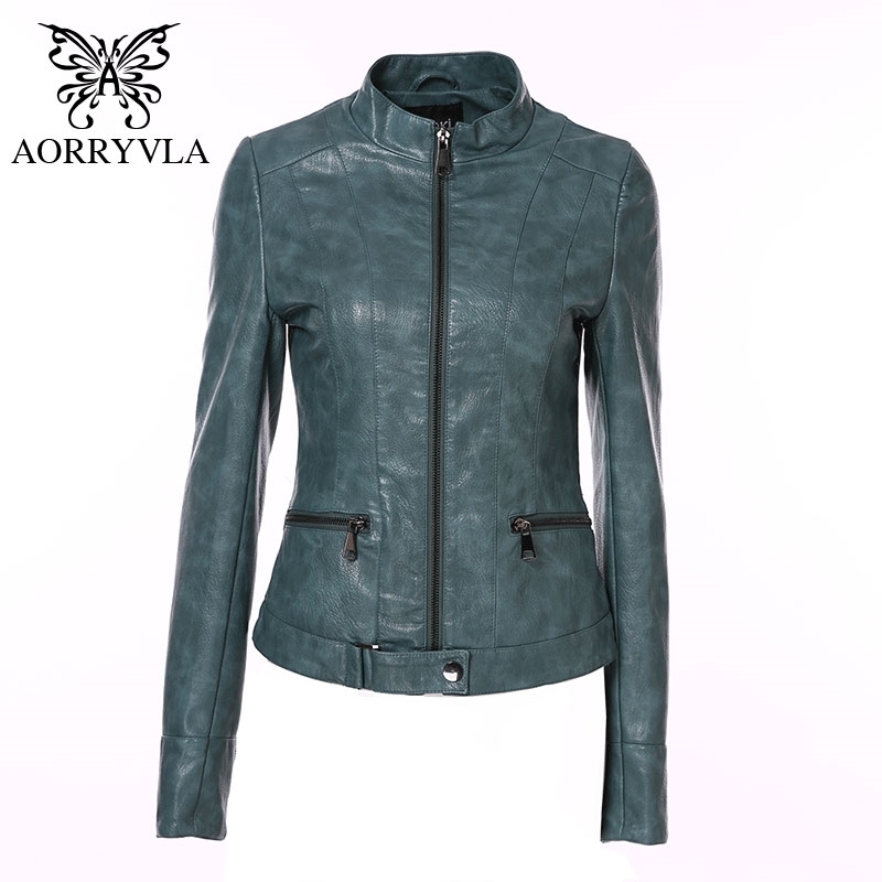 

AORRYVLA New Autumn Women' Leather Jacket Slim Black PU Faux Leather Coats Mandarin Collar Motor Biker Jacket With Belt 210201, Green
