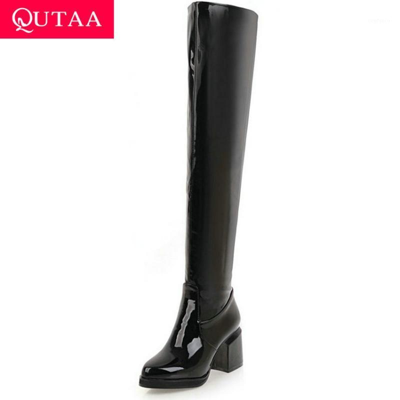 

QUTAA 2020 Women Over The Knee High Boots PU Classic Winter Short Keep Warm Round Toe Zipper Square High Heel Shoes Size 34-431, Red