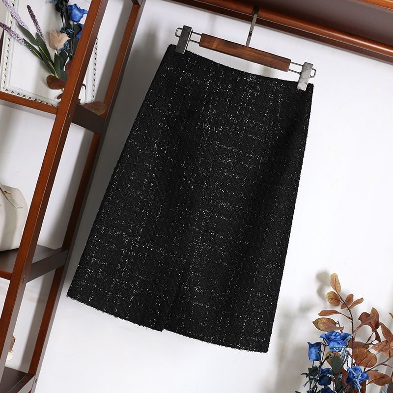 

2021 New black tweed women's tassel fall pencil plaid wool skirts high-waisted skirt y402 KXLT, Heise