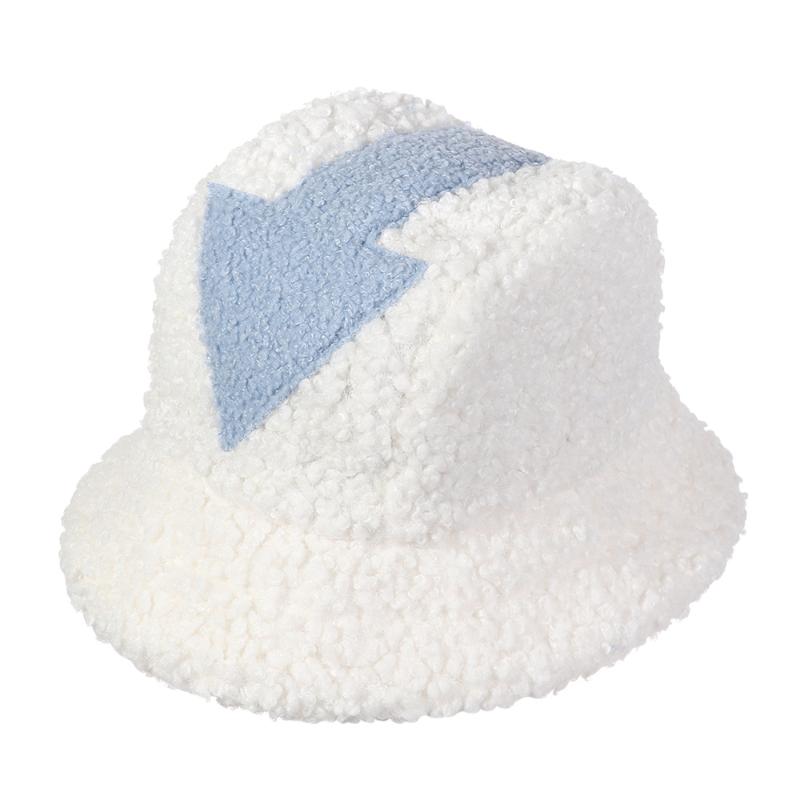 

1Pc Fashion Bucket Hat Lamb Faux Fur Cloche Hats Winter Thickened Warm Teddy Velvet Arrow Symbol Fisherman Cap Wool Panama Cap, Blue