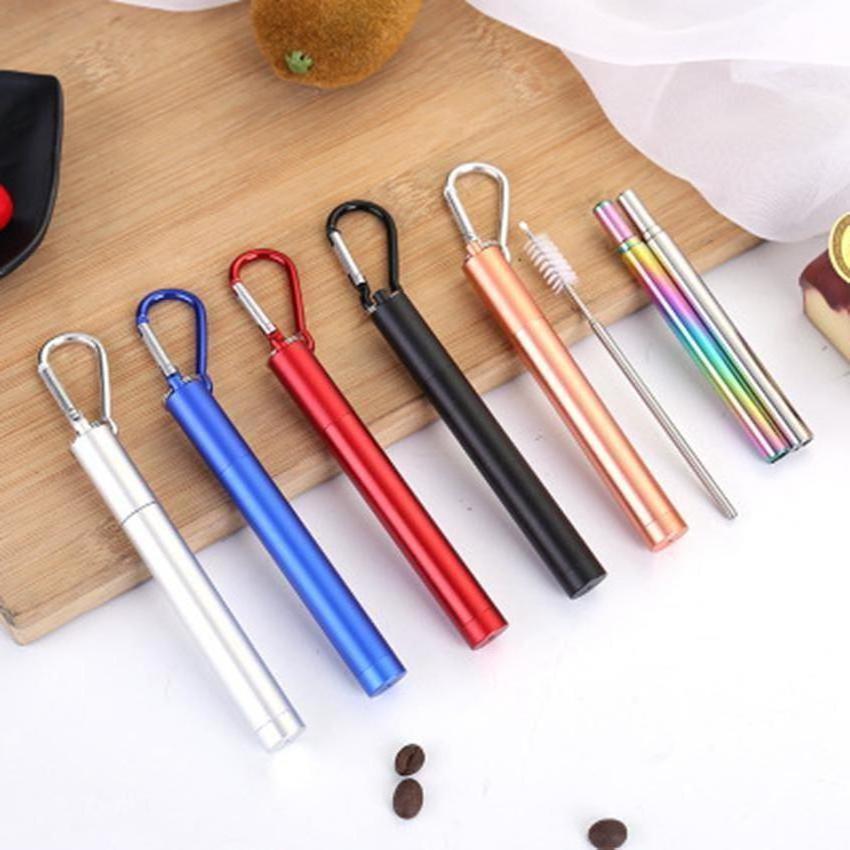 

Portable Reusable Folding Drinking Straws Stainless Steel Metal Telescopic Foldable Straws With Aluminum Case & Cleaning Brush