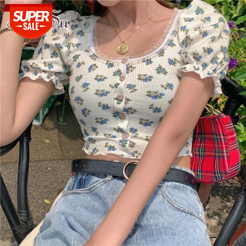 

ArtSu Casual Round Neck Short Sleeve Flower Print Single Breasted With Lace Crop Top 2020 Summer Women T Shirt Street ASTS21633 #Od7N, White