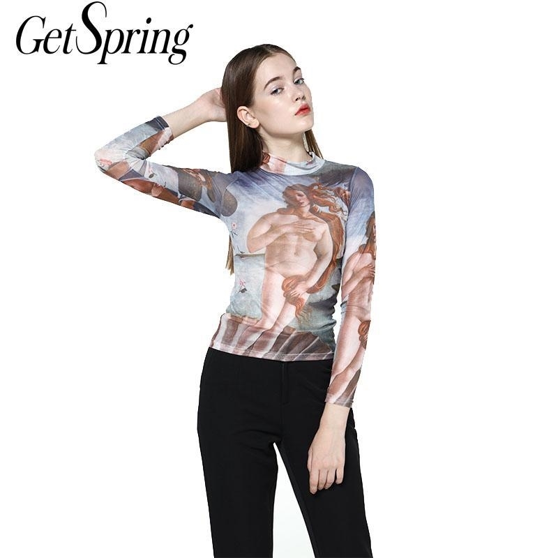 

GetSpring Women T Shirt Print Long Sleeve Plus Size Mesh T-shirt Tee Tops Vintage Tee Spring Summer Wear Elastic Women T shirts Y200109, Flower