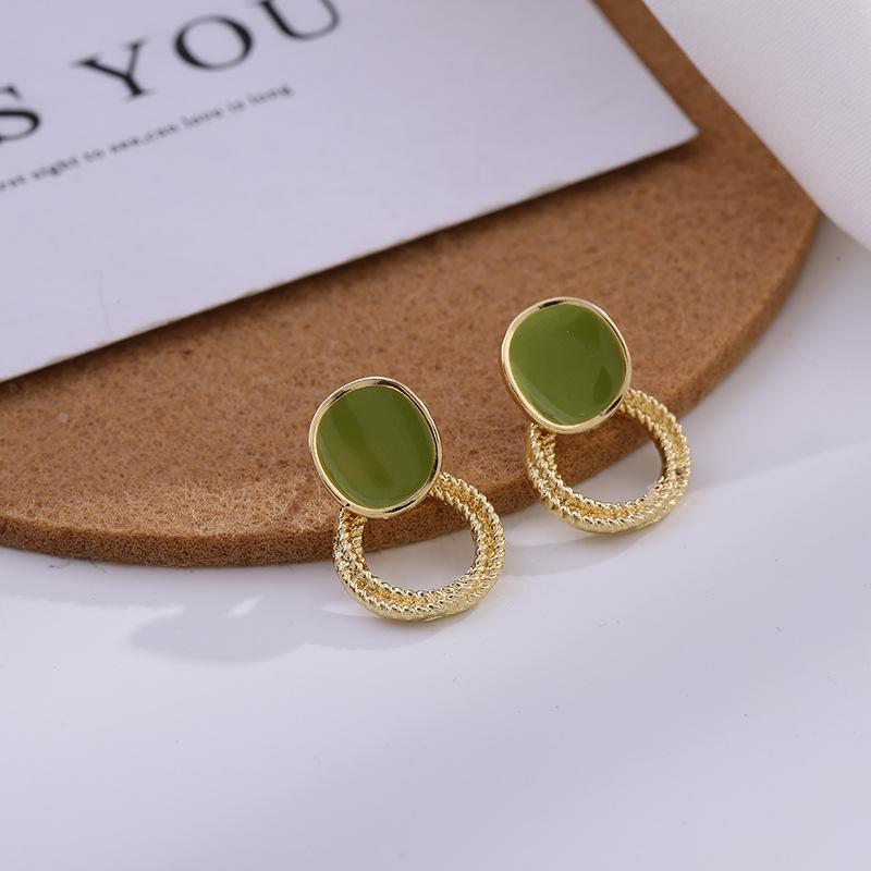 

Stud 2021 Cute Charm Green Enamel Round Geometric Earrings Gold Color Circle Earring Jewelry Women Gift
