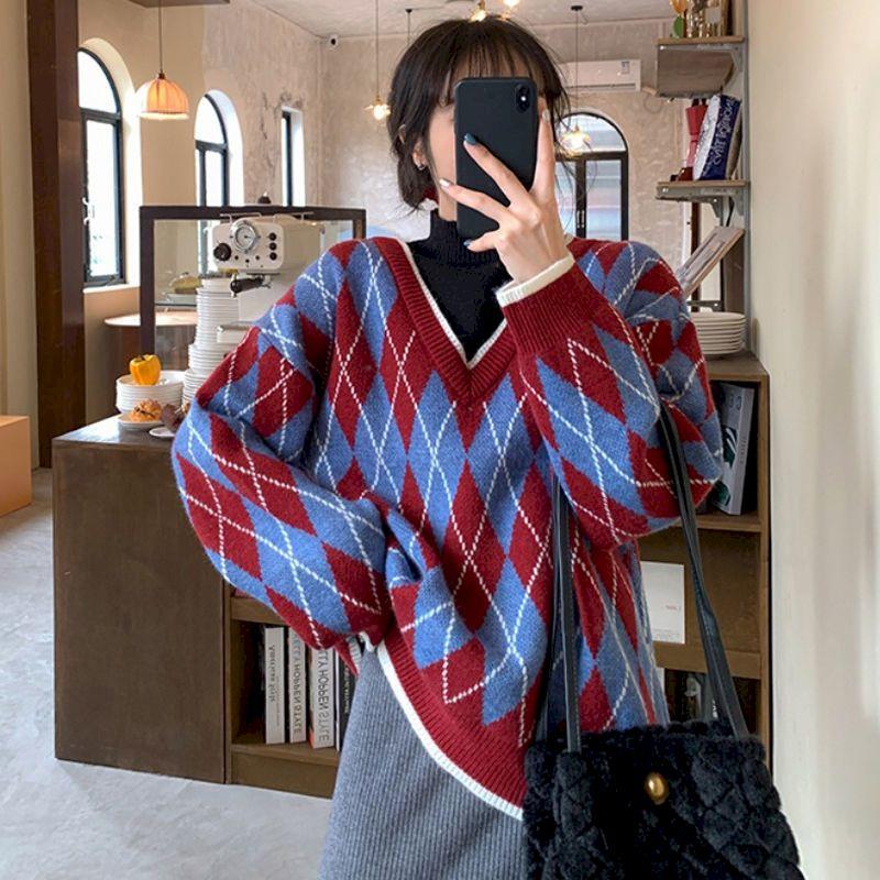 

Home-friendly sweater long-sleeved plus size sweater women winter 2020 new Korean version o V-neck stitching diamond loose cozy, Gray