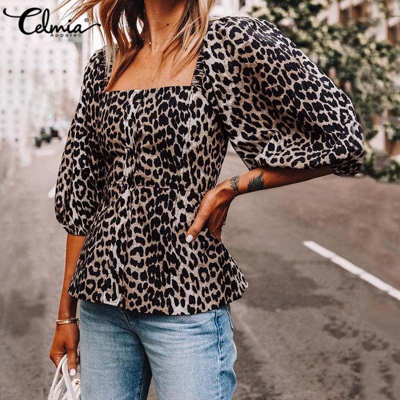 

Women 2020 Fashion Leopard Print Blouses Celmia Vintage Half Sleeve Shirts Summer Sexy Square Collar Elegant Streetwear Tops 5XL, Gray