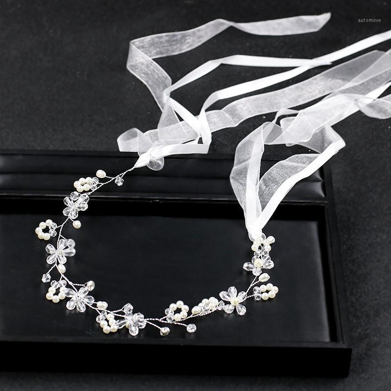 

Pearl Bride Headband Wedding Hair Ornaments Pearl Crystal Flower Yarn Headband Summer Wedding Hairbands Bride Trombone1