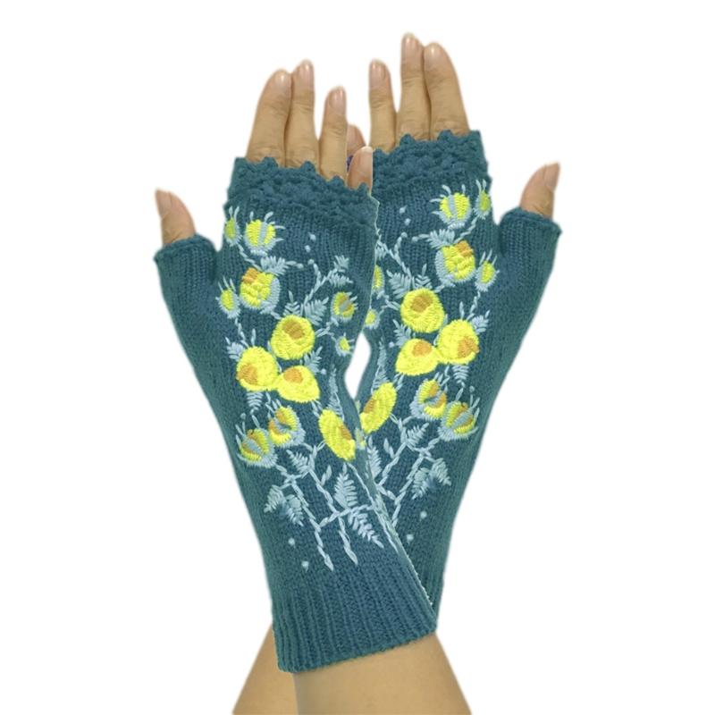 

Women Knit Lengthen Fingerless Gloves Yellow Floral Embroidery Texting Mittens X7YA