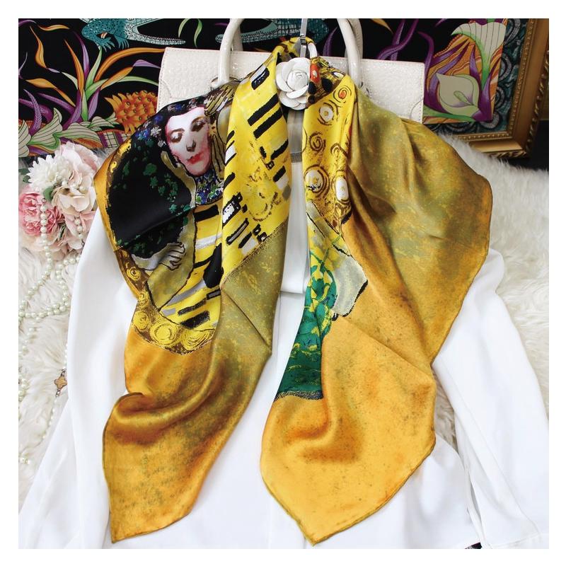 

12MM 100% Real Silk Scarf Gustav Klimt Oil Painting Square Shawls and Wraps Luxury Der Kuss Print Bandana Foulard 90cm*90cm