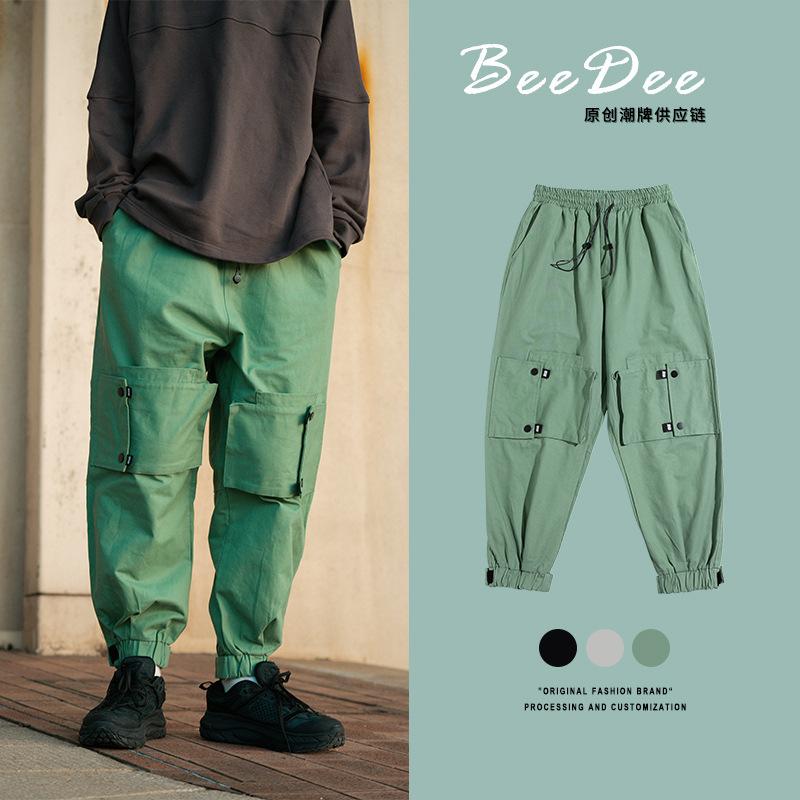 

Spring men's casual pants tie foot Harlan pants multi-pocket work trend tie mouth work men's straight barrel, Black