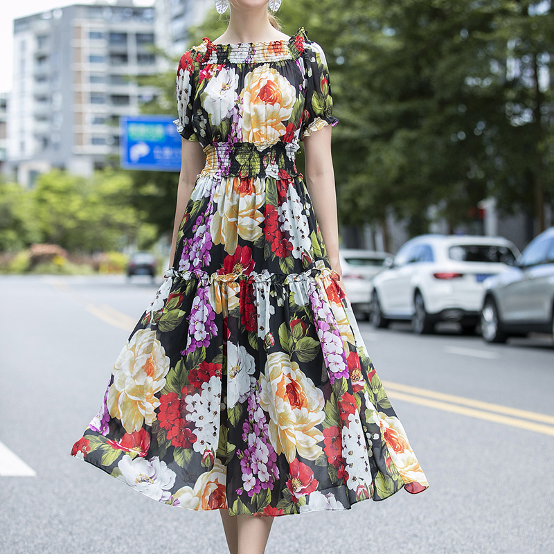 

Summer 2021 Bohemia Retro Printing Holiday Sexy Style a Shoulder in Medium Length Women Wear High Quality 4bnl, Multiple
