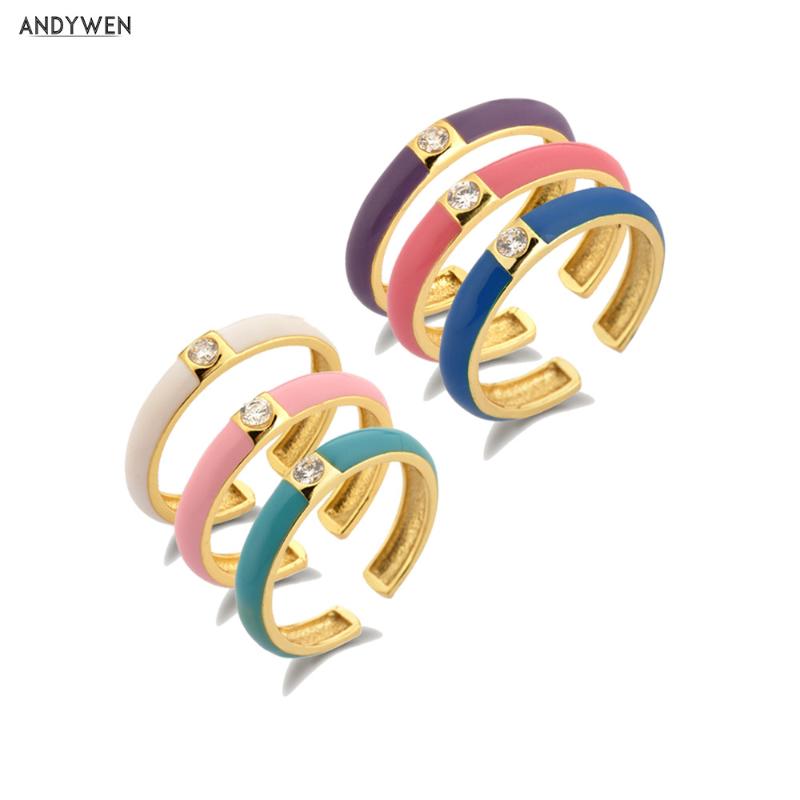 

ANDYWEN 925 Sterling Silver New 6 Enamel PInk Purple White Adjustable Rings Resizable Fashion Women Jewelry Party Crystal Zircon