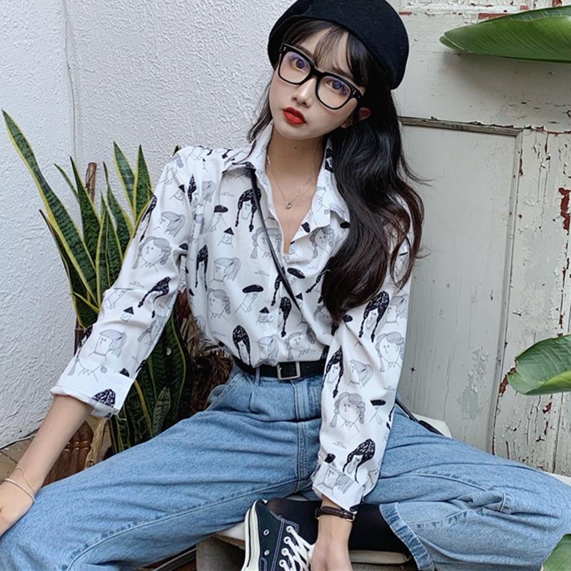 

Vintage Slim Blouses Cartoon Print Lapel Shirts Women Autumn Long Sleeve Loose Blouse