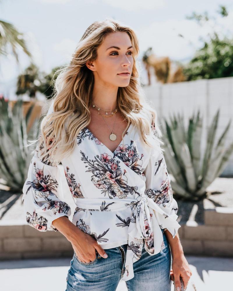 

New Women Shirts Tops vintage Printed Flower autumn V Neck Blouse Shirt latern Sleeve Loose Chiffon Blouses With sashes, White