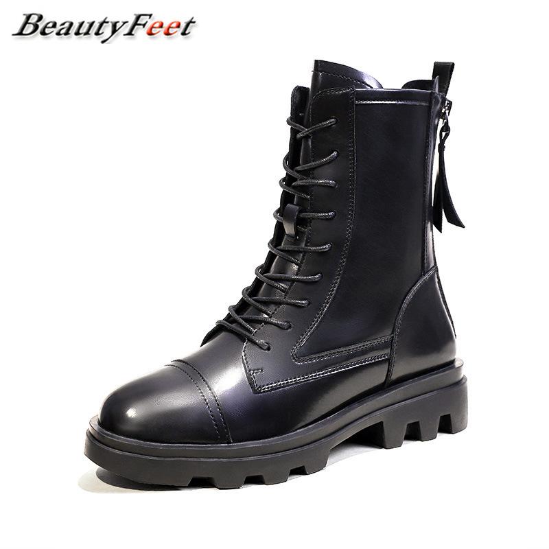 

Solid Leather Motorcycle Boots Thick Bottom Platform Shoes Woman Ankle Boots Autumn Winter Lace Up Zipper Women Plus Size, Single-inside