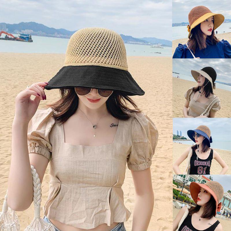 

Women Contrast Color Sun Hat Weave Straw Patchwork Bowknot Foldable Beach Cap 28GD