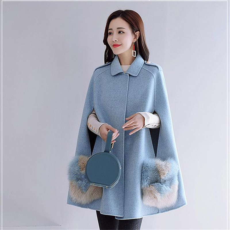 

2021 New Female Woolen Fashions Hairy Pocket Poncho Korean Spring Jacket Buttoms Ol Plus Size Loose Elegant Woman Cape X0FB, Beige
