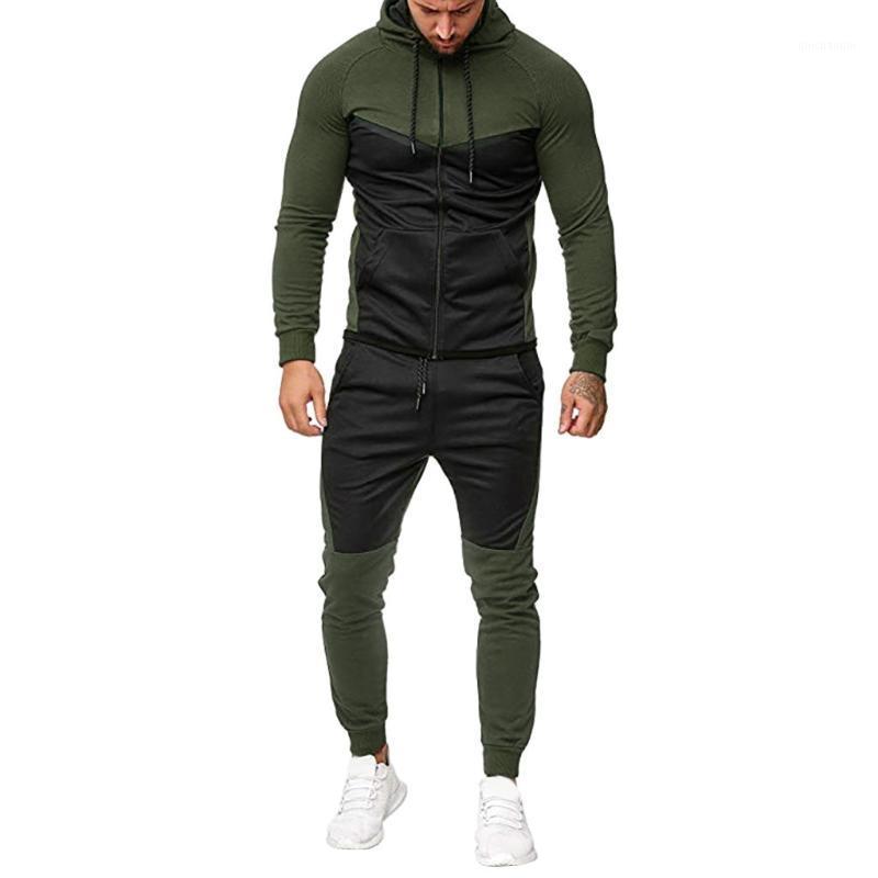

2 Pieces Sets Tracksuit Men New Autumn Winter Hooded Sweatshirt +Drawstring Pants Male Stripe Patchwork Hoodies Bigswee*31, Red