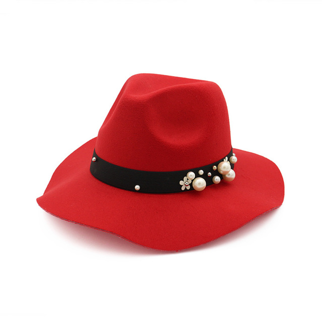 

2021 New Autumn winter Summer fashion fedoras vintage Jazz Fedoras hat female waves large brim Formal Party And Stage pearl Top Hat