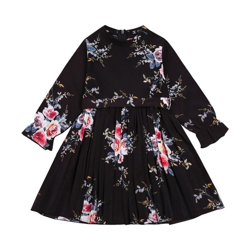 

Toddler Kid Girls Floral Printed Dress Round Neck Long Sleeve Ruffle Hem High Waist Vintage High Waist A-line Knee Length Dress, Black