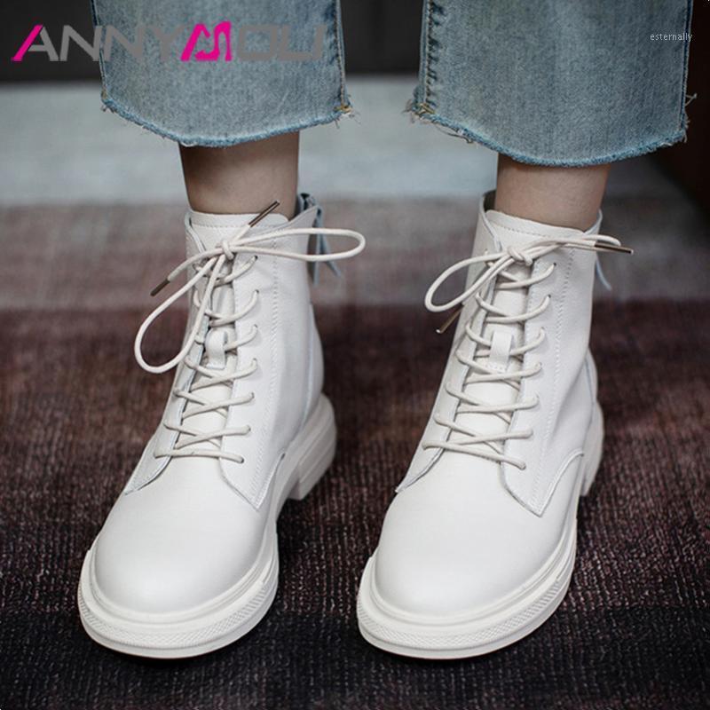 

ANNYMOLI Genuine Leather Platform Flats Ankle Boots Women Shoes Zipper Cross Tied Short Boots Ladies Autumn Winter White Size 401, Black synthetic lin