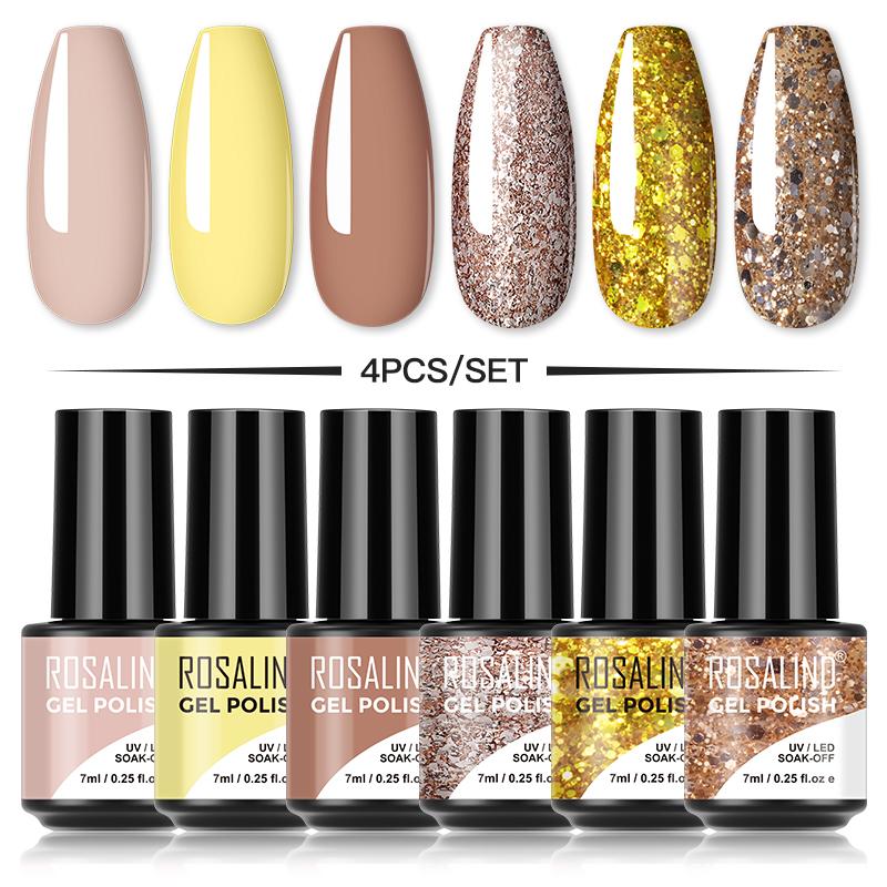 

ROSALIND 4/6PCS Nail Gel Set For Manicure Nails Art Design Glitter Color Gel Lacquer Soak Off Semi Permanent UV Gellak Kit