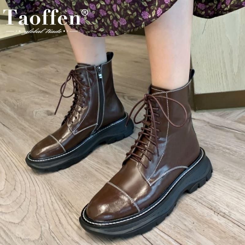 

Taoffen Women Ankle Boots Genuine Leather Thick Bottom Women Short Boots Fashion Cool Winter Shoes Woman Footwear Size 33-401, Coffee