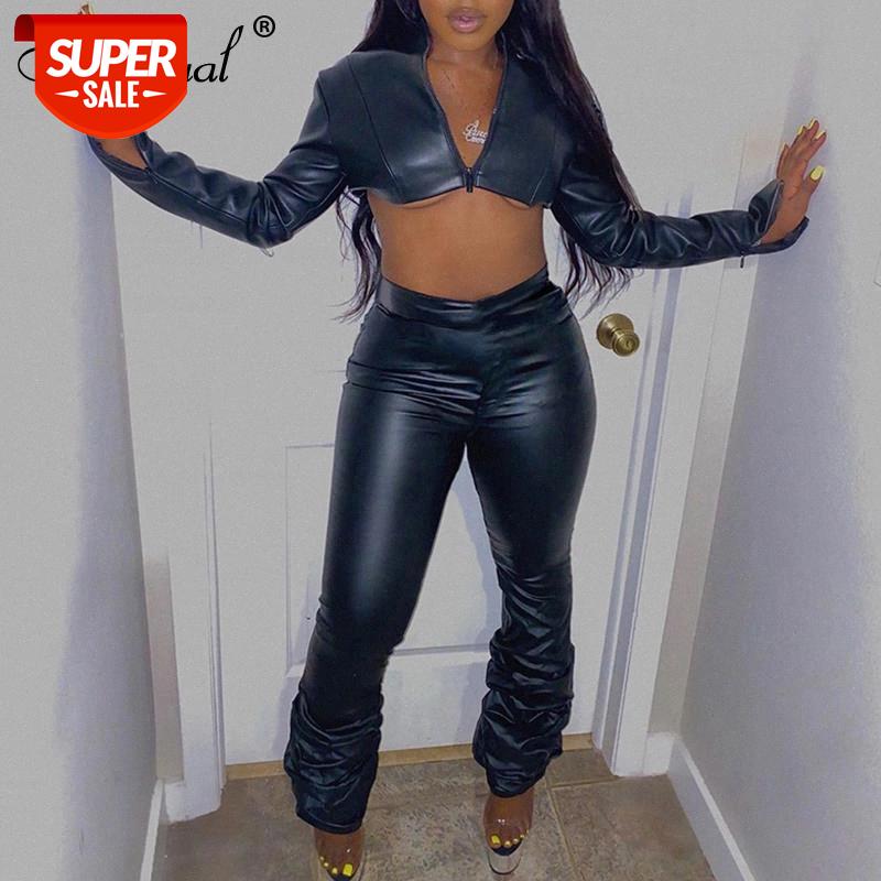 

Simenual Faux PU Leather High Waist Stacked Pants Fall 2020 Women Clothing Fashion Black Bodycon Club Partywear Long Trousers #qu0T, Black;white