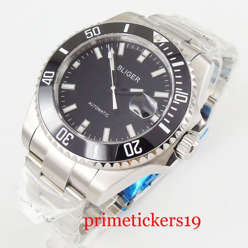 

43mm bliger black dial black ceramic rotating bezel date sapphire glass automatic movement mens watch1, Mingzhu2813