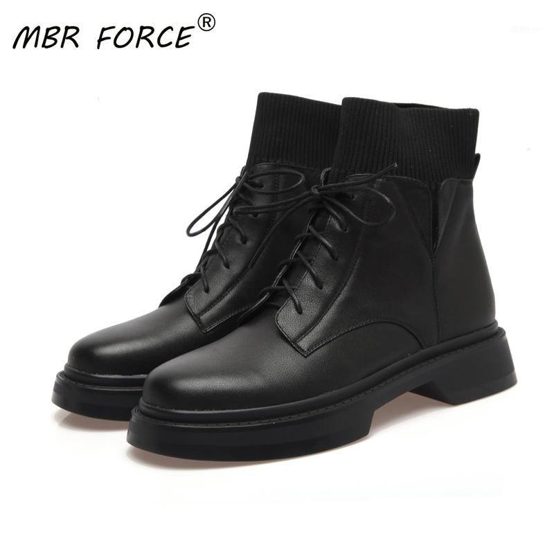 

MBR FORCE cowhide Platform Fashion round toe lace up Sock Boots All-match Women Ladies Simple versatile Casual black beige girls1, Beige plush