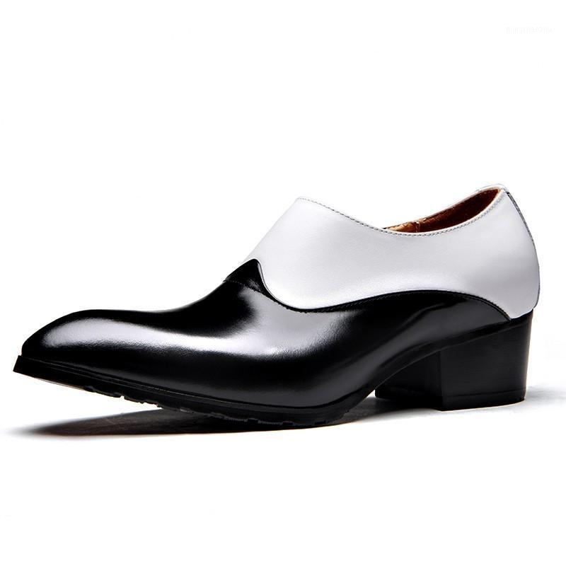 

Med New Mens Block Heels Formal Genuine Leather Colors Mixed Office Work Dress Pointed Toe Business Man Social Shoes1, Black white