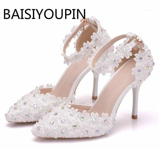 

2021 Women High Heels Shoes Bride Shoes Stiletto Heels Buckle White Lace Flower Sandals Woman Diamond Wedding Plus Size 411