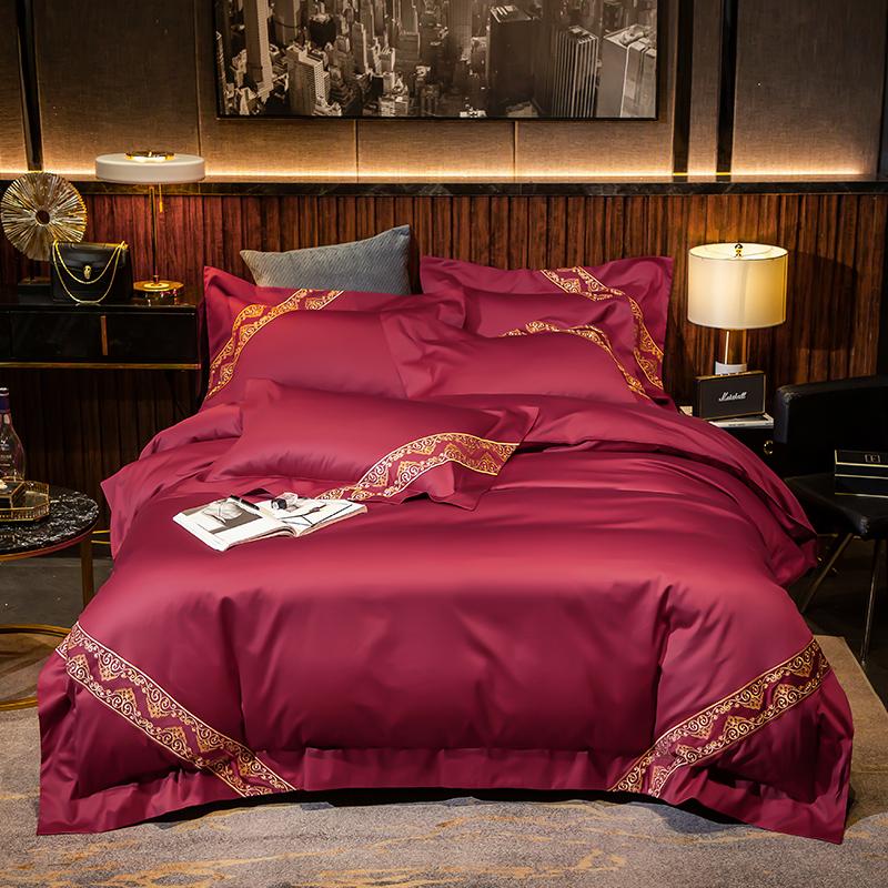

Luxury Red Blue Gray Champagne 1000TC Egyptian Cotton Gold Pillowcase Set Bed Flat/Fitted Cover Embroidery Sheet Duvet Bedding
