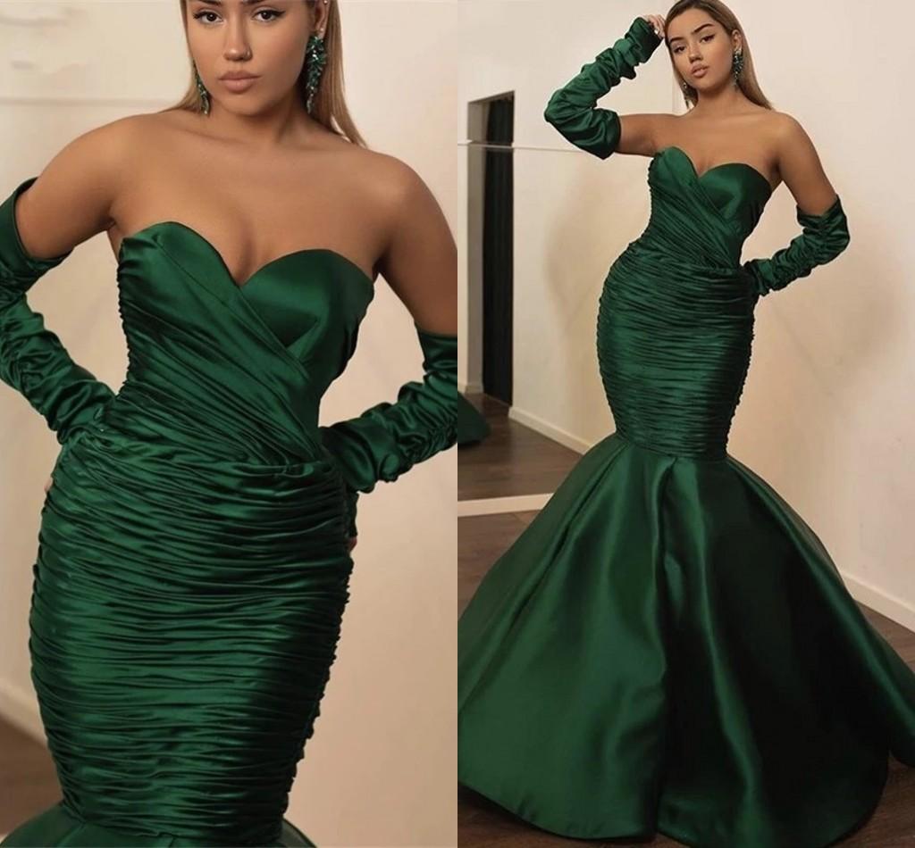 

Dubai Arabic Elegant Dark Green Mermaid Prom Dresses Sweetheart Satin Pleats Separate Long Sleeves Floor Length Formal Evening Party Gowns Aso Ebhi Robe de Soiree, Blue