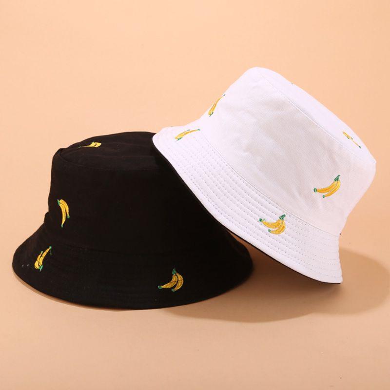 

Women Men Summer Bucket Hat Banana Embroidery Double Sided Wear Contrast Color Hip Hop Harajuku Wide Brim Foldable Fisherman Cap, D as picture shown
