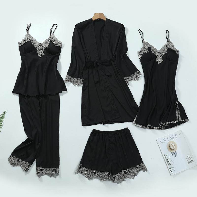 

Autumn and winter new ladies nightgown nightdress set four-piece ice ribbon chest pad nightgown set sexy V-neck Homewear SP0002, Black
