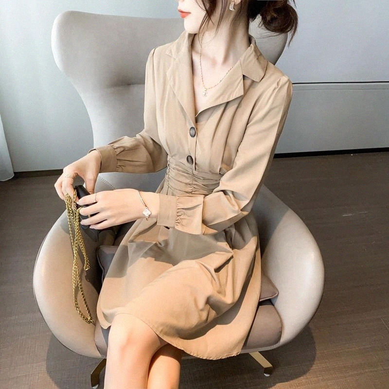 

2020 autumn new solid color V-neck temperament French small retro skirt folded waist long sleeve fashionable double button dress #Jn8z, Black;gray
