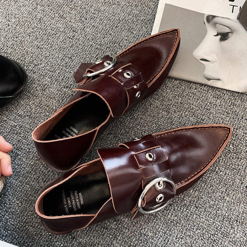 

2021 New Genuine Leather Head Heel Down Spring Walk Tide Black Woman Shoes 948y