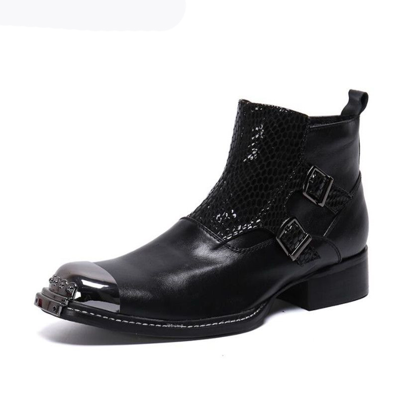 

Italian Fashion Man Genuine Leather Short Boots Red Vintage zipper Ball Dress Metal Shoes Nightclub Man Stage Rock Boots, Black