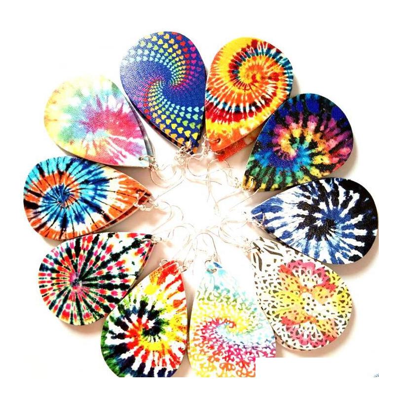 

New Women'S Faux Leather Floral Print Teardrop Dangle Pierced Earrings Yf93P